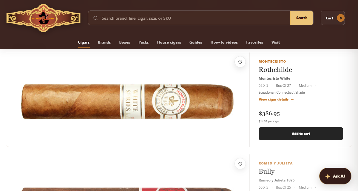 Helmann Cigars branded storefront and product discovery website