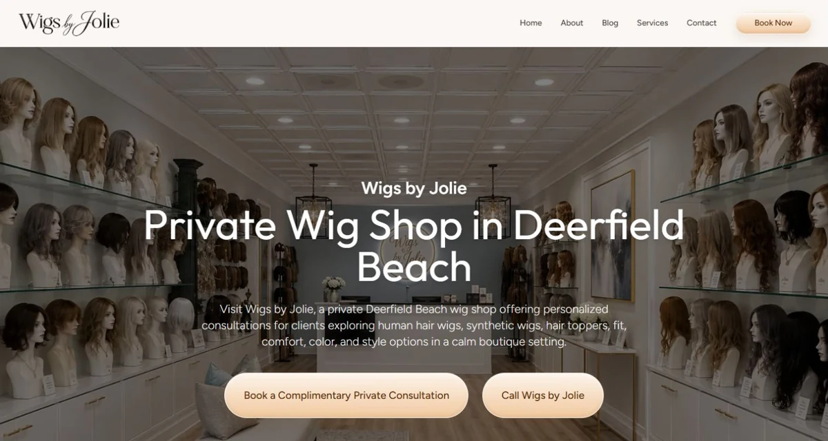 Wigs by Jolie consultation website designed around a welcoming private booking experience